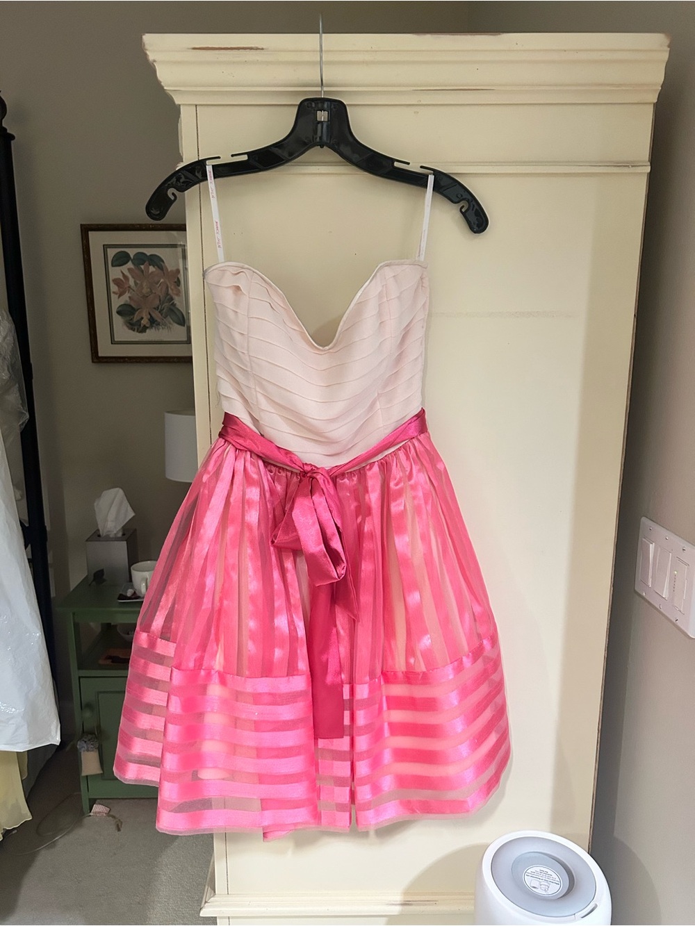 Betsey Johnson Cream Bodice Pink Striped Ribbon Skirt Party Dress